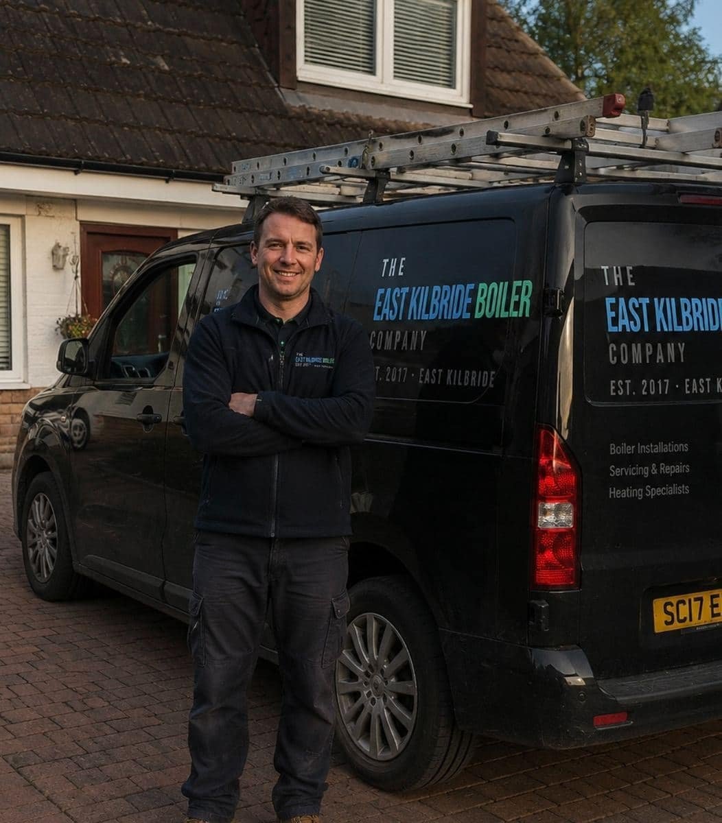 Gas Safe engineer in front of EKBC van - fixed-price boiler prices in East Kilbride